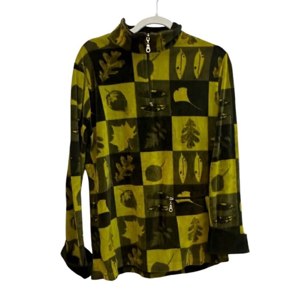 Onque Casual Green‎ Velvety Fleece Pullover  Leaves Fall Top Jacket 1/4 Zip Sz S